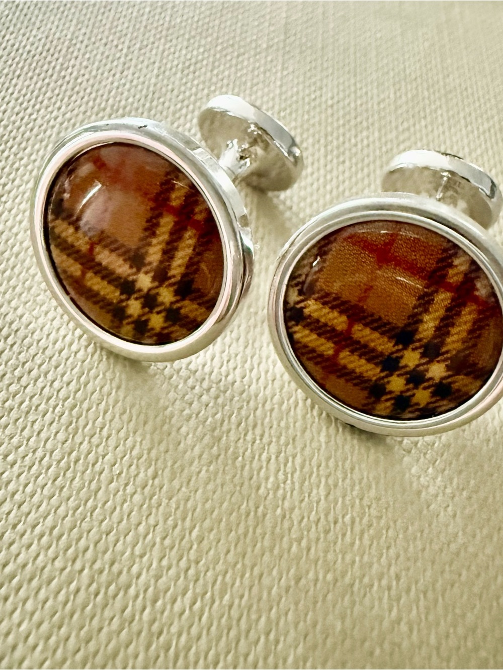 Brown Plaid Round Cufflinks - Classic Men's Accessory